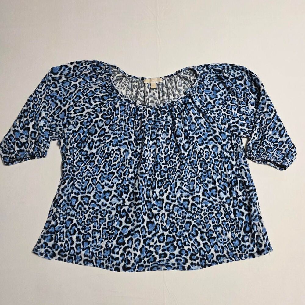 Michael Kors Blue Leopard Animal Print Off-Shoulder Peasant Blouse Size 2X